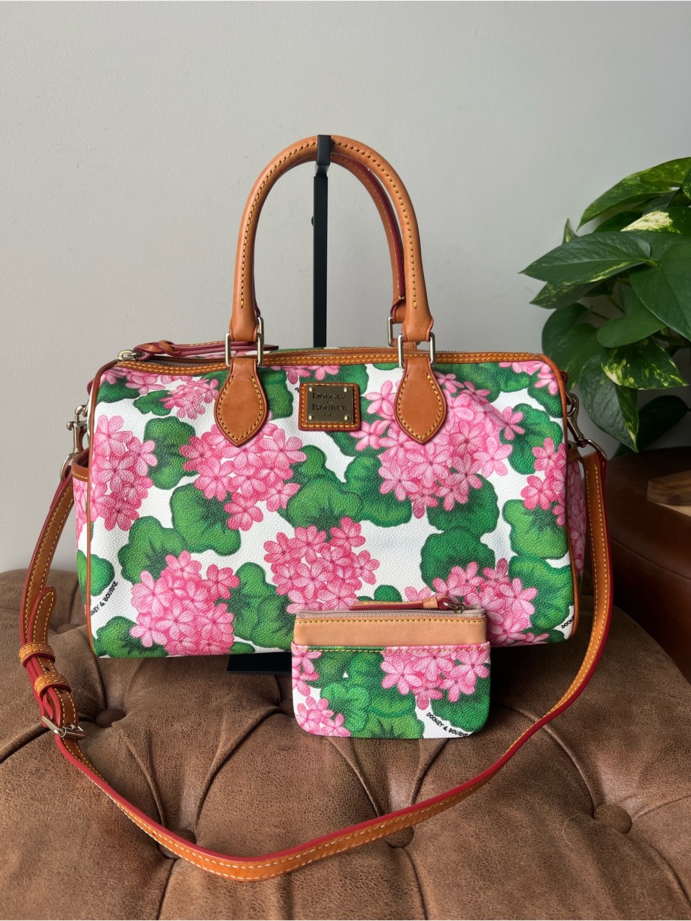 Dooney & Bourke Pink Floral Hydrangea Satchel with Tan Trim